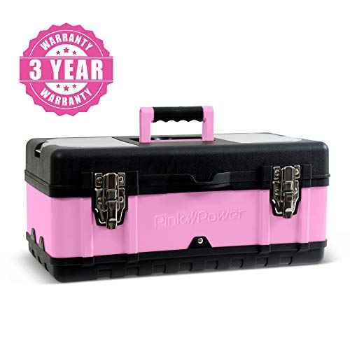 Pink Power Pink Tool Box for Women - 18" Small Metal & Plastic Portable Lightweight Locking Empty Toolbox Chest - Craft Tote Storage Case Organizer for Ladies Mini Tool Set Kit