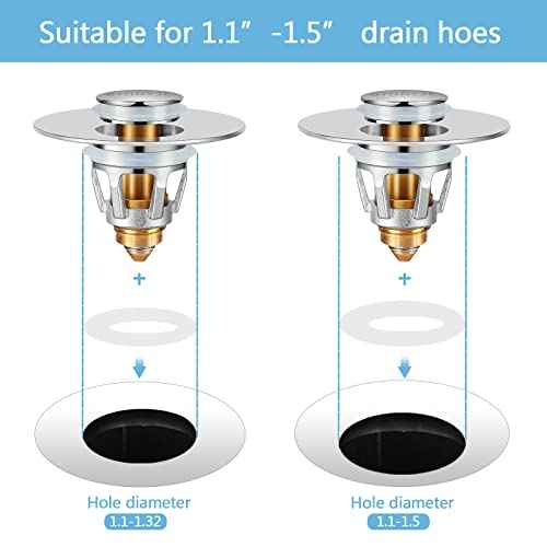 Bathroom Sink Stopper with Hair Catcher ? Universal Pop-Up Drain Strainer for 1.1?1.5 inch US Standard Sink Drain Holes, Anti-Clog Basin Stopper, Silver
