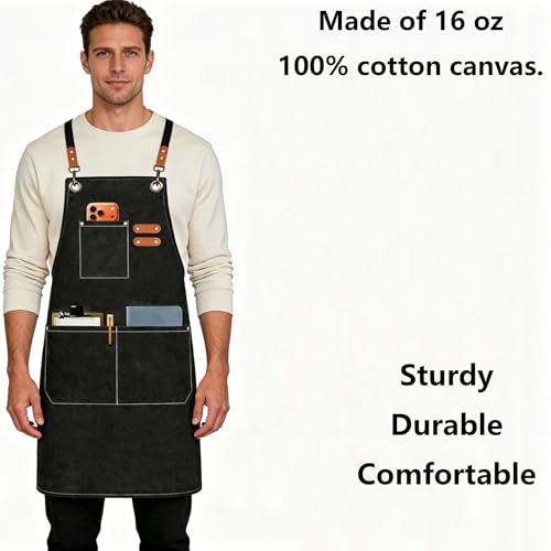 AFUN Black Cotton Chef Apron with Oversized Pockets, Heavy Duty Cross Back Design