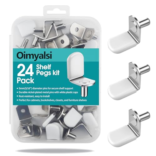 Oimyalsi 5mm Shelf Pegs Pack of 24 with Storage Box - L-Shaped Metal Pins with Anti-Slip Caps for Kitchen, Pantry, Bookcase, Medicine Cabinet & Glass Shelves