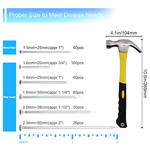 376PCS Nails & Hammer Set with 8oz Claw Hammer - DIY Hanging Picture Kit