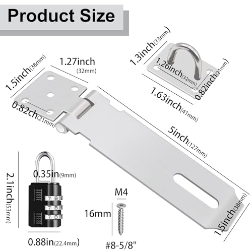 Tnisesm 2 Pack Door Hasp Latch Lock with Combination Lock&Keys Lock, 5 Inch 304 Stainless Steel Safety Packlock Clasp Hasp Lock Latch Extra Thick Gate Lock Hasp with Screws Brushed Finish