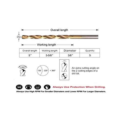 5PCS, 3/8", Titanium Coated Drill Bits