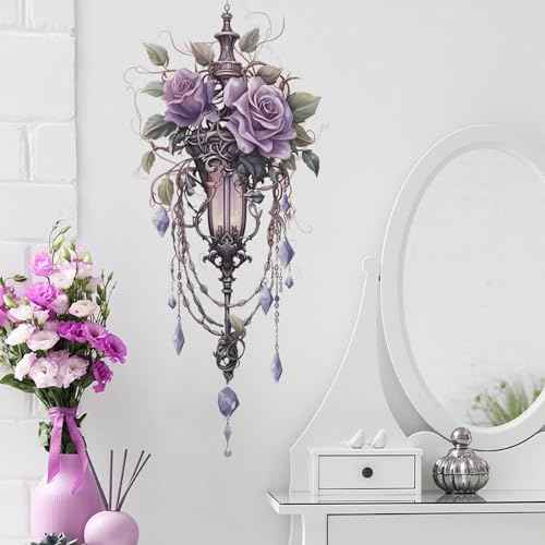 Vintage Purple Street Lamp Flower Vine Wall Stickers, sacinora Rose Peony Floral Art Wall Decals Removable Vinyl Peel and Stick for Living Room Bedroom Nursery Playroom Door Decorations