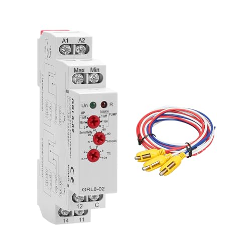 10A Liquid Level Control Relay GRL8-02 AC/DC 24V-240V Water Level Sensor Control Relay with 0.1S-10S Adjustable Time, Automatic UP and Down Liquid Level Controller with 5ft Detector Sensor