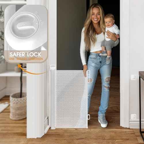 HOMEAL Retractable Baby Gates for Stairs & Doorways, Outdoor Indoor Mesh Dog Gate for Kids or Pet, Extra Wide Baby Gates for Deck, Porch, Hallways, Patio (White, Width Up to 55")