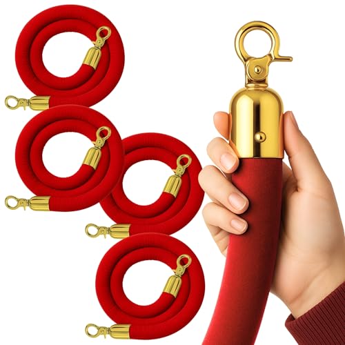 4PCS 42mm Thick Red Velvet Ropes for Crowd Control ? 5FT Premium Stanchion Rope with Hooks Velvet Ropes and Posts for Red Carpet Stanchions Events Weddings Parties