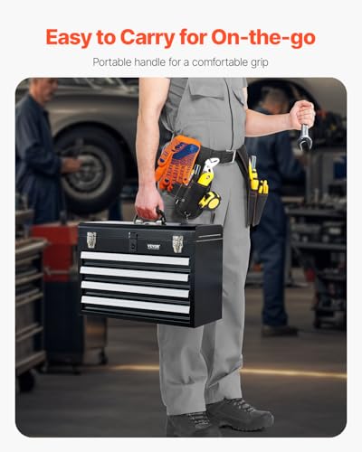 VEVOR 20.5-Inch Metal Tool Box with 4 Drawers, EVA Liners, Ball-Bearing Slides, Auto-Locking, Black