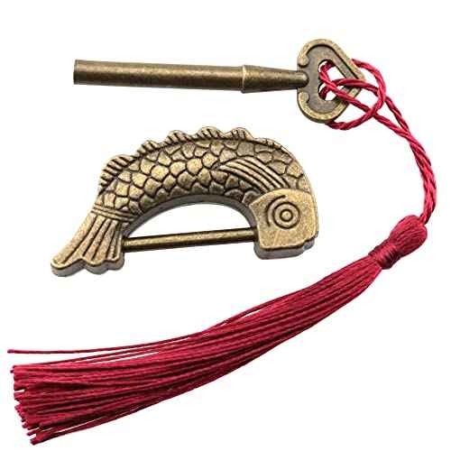 Fish Shaped Retro Padlock with Key and Tassels, Retro Antique Wooden Box Lock Alloy Jewelry Box Fish Pattern Lock