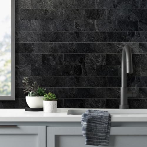 AULIGET Black Slate Peel and Stick Backsplash Tiles - 100 pcs, 3x6 inch, Faux Stone for Kitchen & Bathroom, Variation: Black Slate / 100