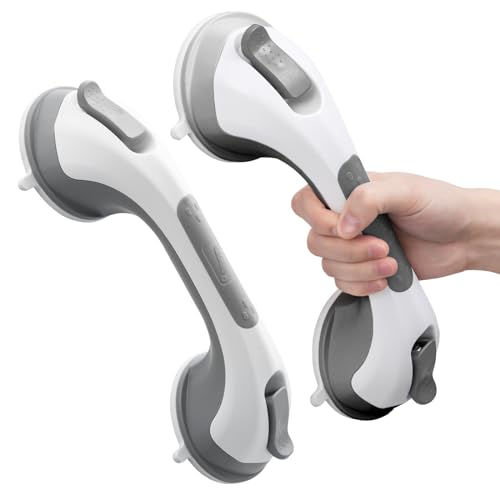 LEVERLOC 12.2 Inch Gray Suction Grab Bars 2 Pack, No Drilling Shower Handles for Seniors