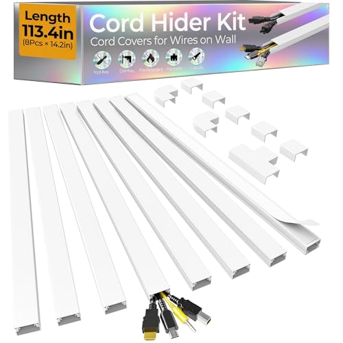 Wuitaouy 113.4in White Cord Hider Kit for Wall Wires - 2-4 Cable Management Raceways, Self-Adhesive, Paintable & Cuttable