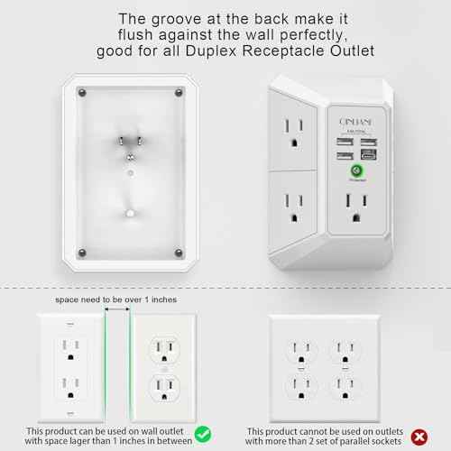 Wall Charger, Surge Protector, QINLIANF 5 Outlet Extender with 4 USB Charging Ports (4.8A Total) 3-Sided 1680J Power Strip Multi Plug Adapter Spaced for Home Travel Office (3U1C)