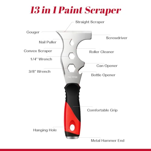 Mister Rui Putty Knife, Paint Scraper 13 in 1 Putty Knife Multi Fuctional, Stainless Steel Metal Scraper, Spackle Knife with Hammer End, Razor Blade Paint Scraper Tool