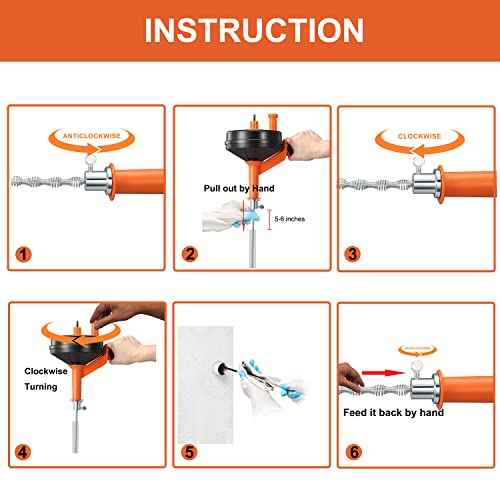 Drain Auger, Clog Remover with Drill Adapter, 25 Feet Flexible Plumbing Snake Use Manually or Powered for Kitchen,Bathrom and Shower Sink, Comes with Gloves (orange)