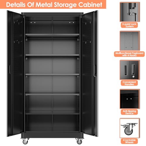 Metal Garage Storage Cabinet with Wheels & Pegboard Doors – 71in H x 34in W x 18in D, Black