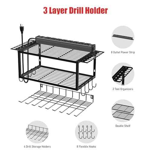 JUNNUJ Tool Organizer with Charging Station, 3 Layers Wall Mount Garage Tools Storage with 8 Outlets Power Strip, 4 Drills Holder Battery Heavy Duty Metal Shelf, Utility Rack with Hooks, Black