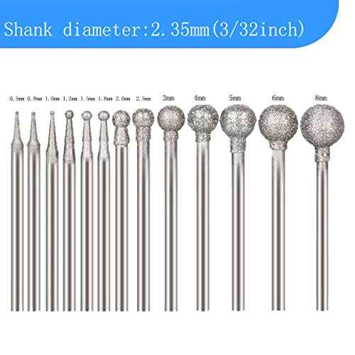 Luo ke 13 Pcs Ball Shape Diamond Burr Diamond Mounted Grinding Burs Stone Carving Set with 3/32 inch Mandrel Fits for Rotary Tools