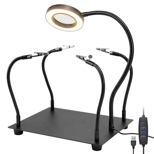 Helping Hands Soldering Station with 5X Magnifying Glass and Light, ELMCONFIG PCB Soldering Holder Metal Circuit Board Holder with 4 Flexible Metal Arms for Soldering, Assembly, Repair