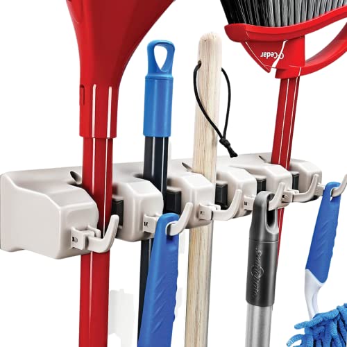HOME IT Off-White Wall Mount Mop & Broom Holder with 5 Slots & 6 Hooks - Heavy Duty Storage Rack, 1 Pack