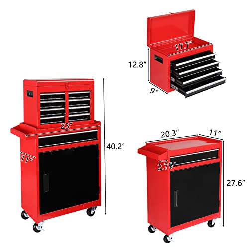 TUFFIOM 5-Drawer Rolling Tool Chest with Lockable Wheels, Detachable Top & Adjustable Shelf – Black/Red