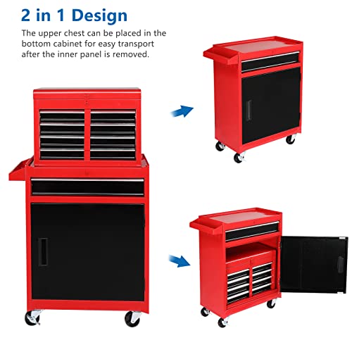 TUFFIOM 5-Drawer Rolling Tool Chest with Lockable Wheels, Detachable Top & Adjustable Shelf – Black/Red