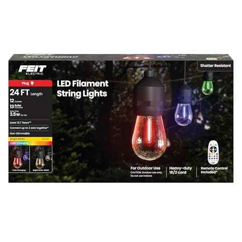 Feit Electric 24ft LED String Light, Color Changing, 3000K Bright White, 15,000-Hour Lifetime, Heavy-Duty 18/2 Cord for Outdoor Use Only, Linkable, Remote Control Included, SL24-12/RGBW/WFIL