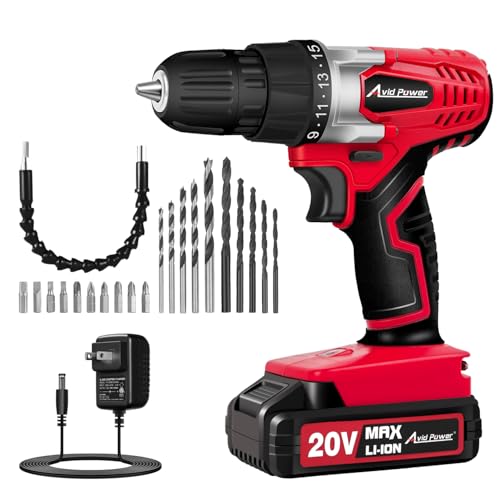 AVID POWER 20V Cordless Drill Set Red - Lightweight Home DIY Power Tool with 22 Bits, Variable Speed, Keyless Chuck