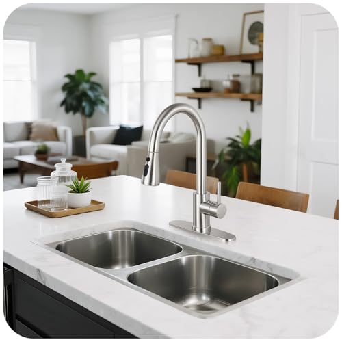 LUFG Brushed Nickel Kitchen Faucet with Pull Down Sprayer & Deck Plate - Classic Finish