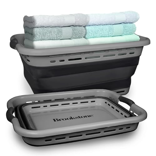 XL 24" Brookstone Collapsible Laundry Hamper with Non-Slip Handles, Grey