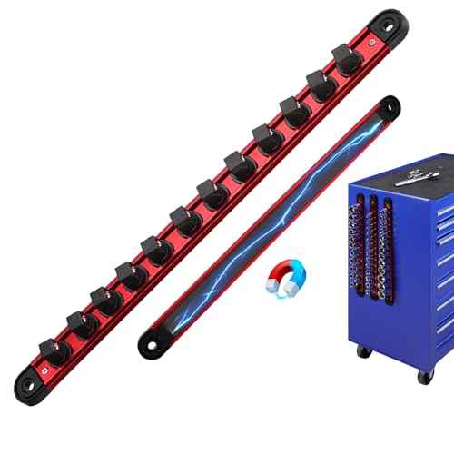 1/2-Inch Magnetic Socket Organizer Rail, Aluminum Alloy Socket Rail, Heavy Duty Sockets Holder with 12 Clips, 360¡Æ Swivel Clip Tool Tray, Sockets Organizer for Tool Box Drawer (Red)