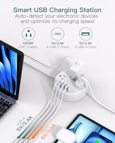 Addtam White Cruise-Approved Power Strip with 5ft Retractable Cord - Travel Essential