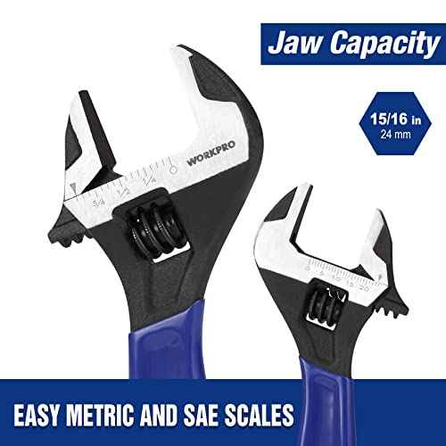 WORKPRO 6-Inch Adjustable Wrench, Wide Jaw Cr-V Steel Black Oxide Finish, for Medium-Size Bolts (M6?M16), Metric & SAE Scales, for Home, Garage, DIY & Workshop Use
