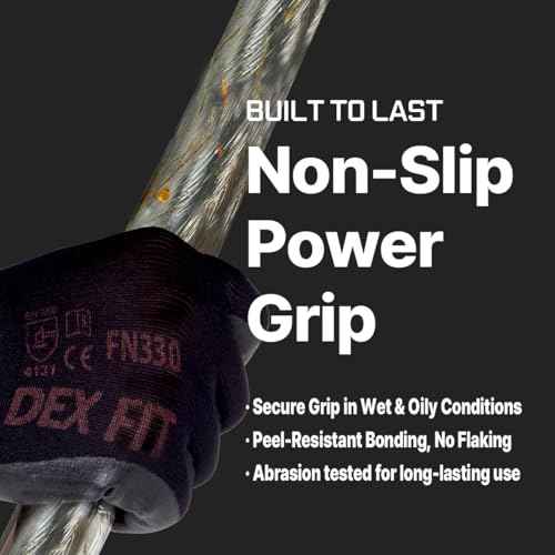 DEX FIT Nitrile Work Gloves FN330, 1 Pair, 3D-Comfort Stretchy Fit, Firm Grip, Thin & Lightweight, Touch-Screen Compatible, Durable, Breathable & Cool, Machine Washable; Black L (9)