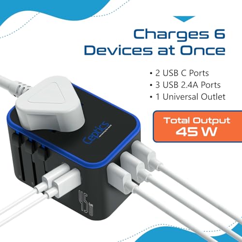 Ceptics 45W Universal Travel Adapter with 3 USB-A, 2 USB-C Ports - Black