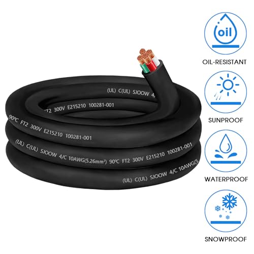 CLLOMAGY 10ft 10/4 Gauge SJOOW Power Cable - Oil & Water Resistant, 30amp, 4 Conductor