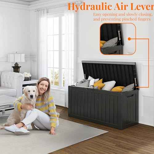 90 Gallon Resin Deck Box, Lockable Patio Outdoor Storage Box for Furniture, Garden Tools and Tools Storage, Waterproof Outside Storage Box - Black