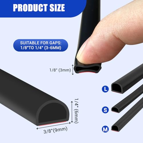 Protalwell 20Ft Black Silicone Weather Stripping Door Seal 3/8" W x 1/4" T S