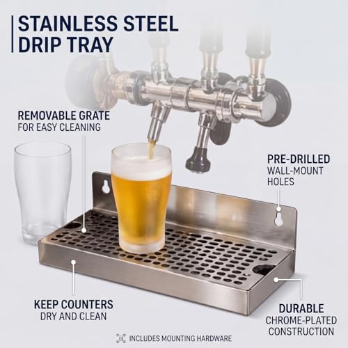 Stainless Steel 10x6 Inch Wall Mount Beer Drip Tray for Kegerators & Draft Systems