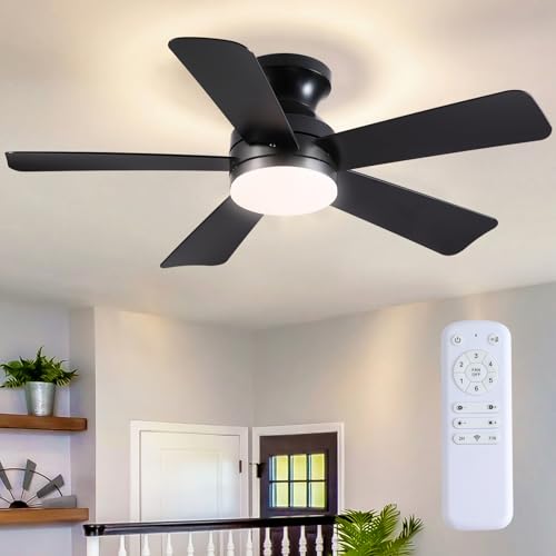 BYKISTOK 41 Inch Black Ceiling Fan with Lights Remote, Dimmable LED, Reversible, 6 Speeds, Low Profile, Flush Mount