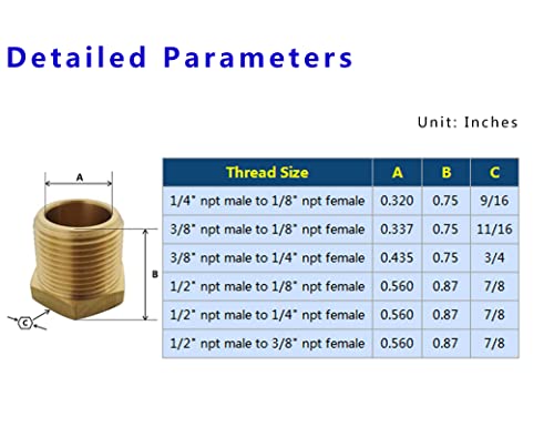 5-Pack 1/2" NPT Male to 1/4" NPT Female Brass Pipe Fittings Reducer Adapter Set — 1200 PSI