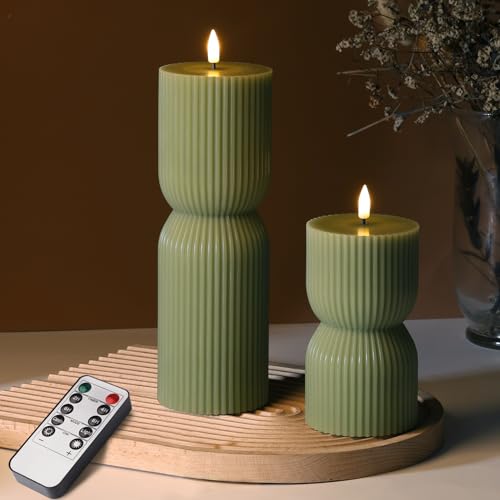 Girimax Olive Green Flameless Pillar Candles with Remote Set of 2