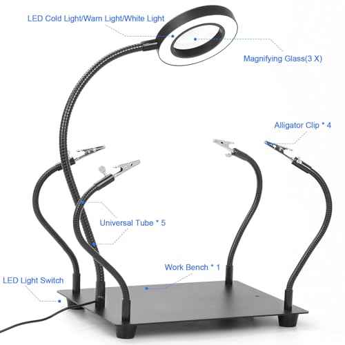 NZQXJXZ Helping Hands Soldering Station with 3x Magnifying Glass and Light, Soldering Holder Metal Circuit Board Holder 4 Flexible Metal Arms Magnetic Helping Hand for Soldering, Assembly, Repair