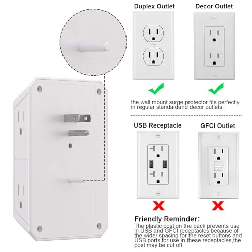 NUOZHI White 6 Outlets Surge Protector Power Strip with 4 USB Ports and Wall Mount