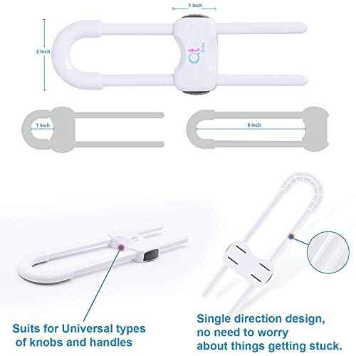 Baby Proofing Cabinet Locks | Adjustable U Shaped Baby Safety Latches for Drawers, Fridge, Closet |Modern Baby Proofing Cabinet Lock with Extra Secure Lock Buttons (Pack of 2, White)