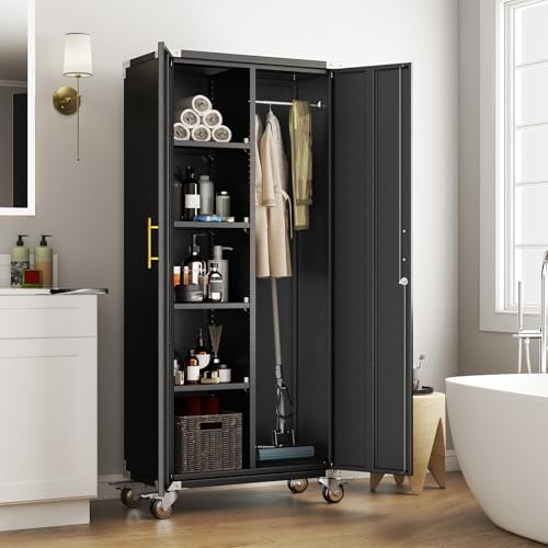 Pozdeg 71" Rolling Lockable Metal Broom Closet Cabinet, Black Gray, 15.7"D x 31.5"W x 71"H