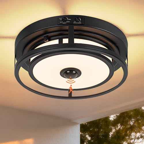 12IN Motion Sensor LED Ceiling Light, Modern Flush Mount Ceiling Light Fixtures, 3CCT 3000-5000K Dusk to Dawn Motion Sensor Outdoor Lights Waterproof for Porch Entryway Garage, Black