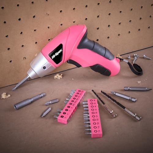 Hi-Spec Pink Mini Electric Screwdriver - Rechargeable Cordless Power Tool with 26 Bits for Home & DIY