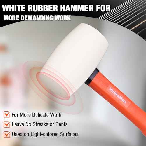 ValueMax 16oz Rubber Mallet Hammer, Fiberglass Handle, Solid Head, Rubber Mallet for Flooring, Tent Stakes, Woodworking, Camping, Soft Blow Tasks without Damage, White