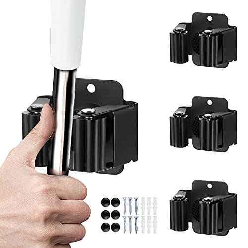 3PCS Broom and Mop Holder, Heavy Duty Garden Tool Organizer Rack Rake and Shovel Handle, Stainless Steel Mop Hanger. Wall Mounted Utility Rack with Screws, Matte Black